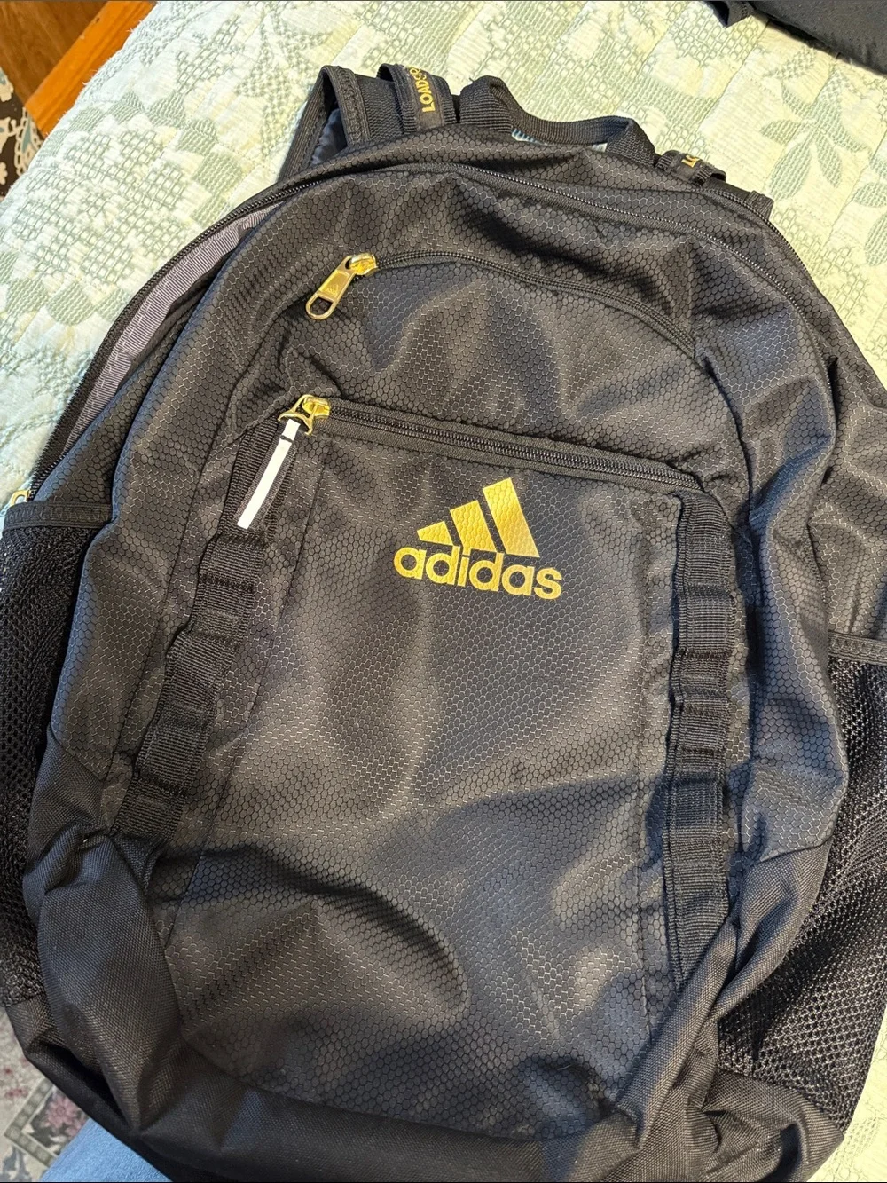 adidas Black Backpack with Gold Logo and Zippers
